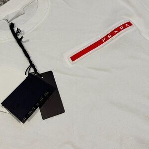 Prada White Tee with Red Stripe Logo